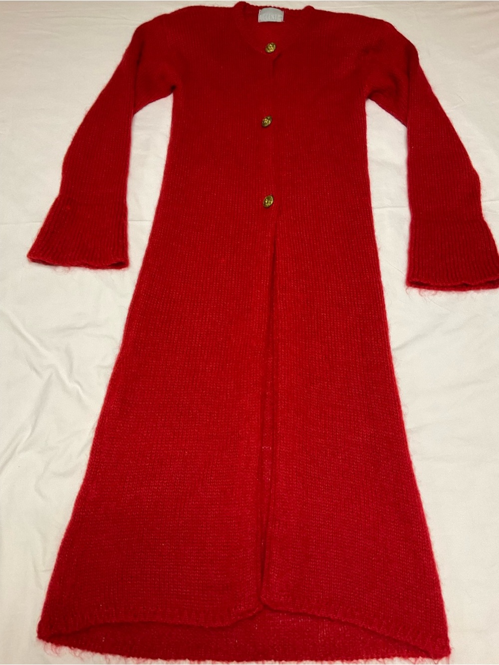 Vtg 80s Red Mohair Blend Maxi Duster Cardigan Sweater Size M. Accent On Youth